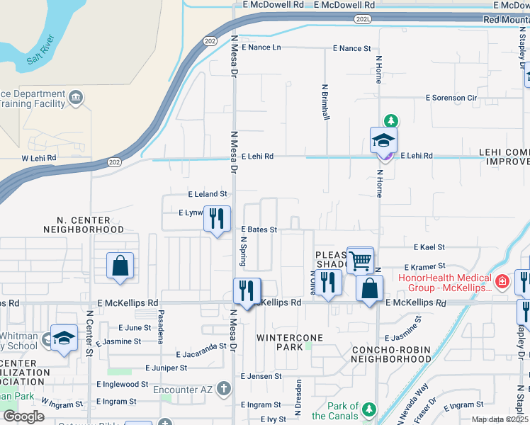 map of restaurants, bars, coffee shops, grocery stores, and more near 2229 North Summer Street in Mesa