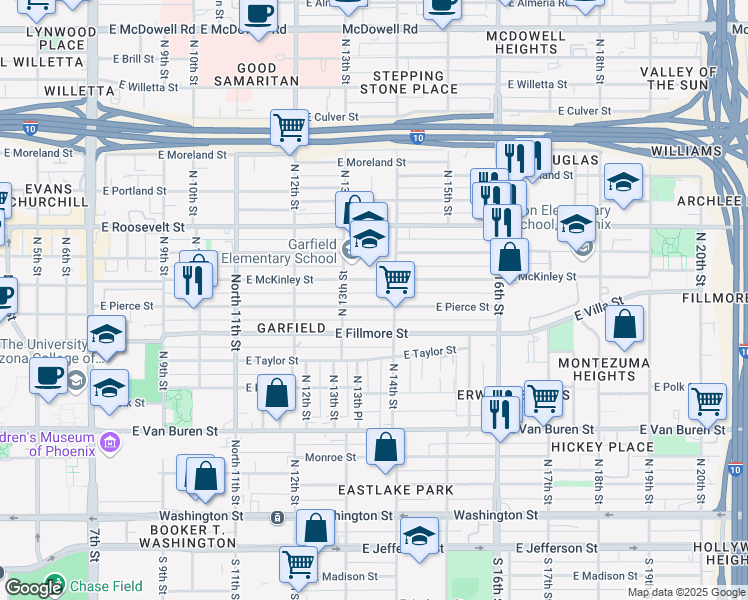 map of restaurants, bars, coffee shops, grocery stores, and more near 1330 East Pierce Street in Phoenix