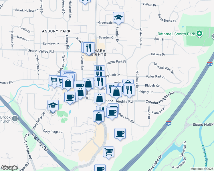 map of restaurants, bars, coffee shops, grocery stores, and more near 3208 Ridgely Drive in Vestavia Hills