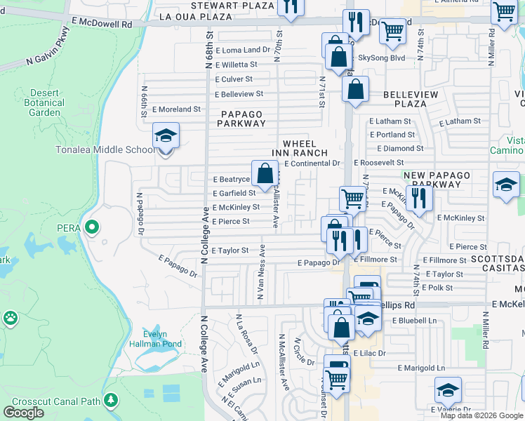map of restaurants, bars, coffee shops, grocery stores, and more near 439 East McKinley Street in Tempe