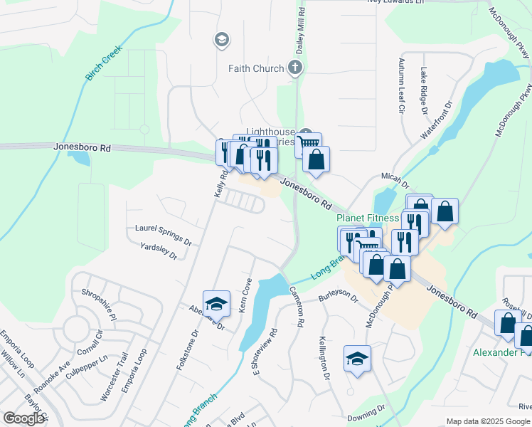 map of restaurants, bars, coffee shops, grocery stores, and more near 845 Magnolia Gardens Walk in McDonough