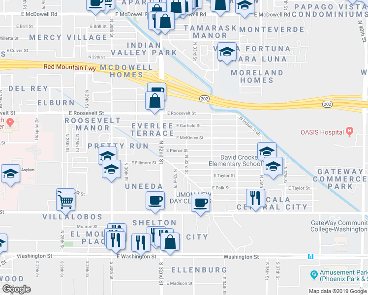 map of restaurants, bars, coffee shops, grocery stores, and more near 3244 East Pierce Street in Phoenix