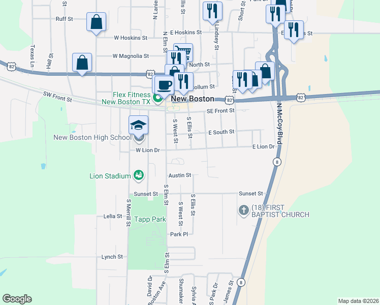 map of restaurants, bars, coffee shops, grocery stores, and more near 108 East Lion Drive in New Boston