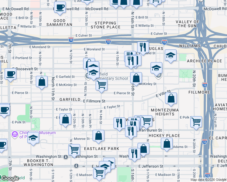 map of restaurants, bars, coffee shops, grocery stores, and more near 1450 East Pierce Street in Phoenix