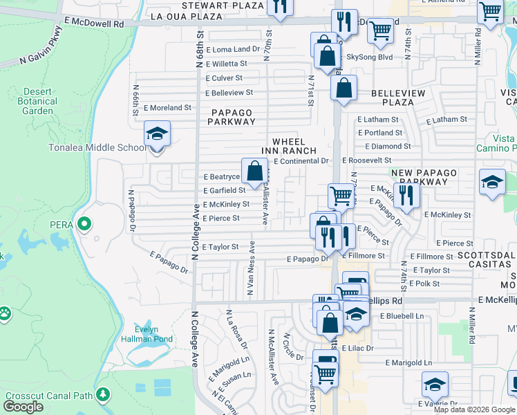 map of restaurants, bars, coffee shops, grocery stores, and more near 439 East McKinley Street in Tempe