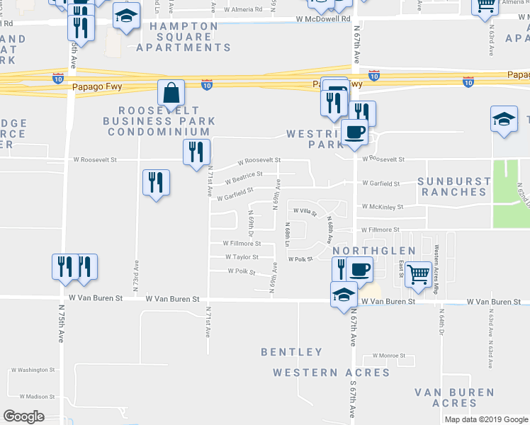 map of restaurants, bars, coffee shops, grocery stores, and more near 6920 West Villa Street in Phoenix
