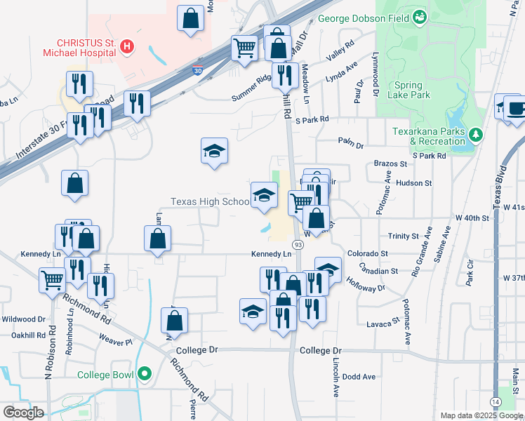 map of restaurants, bars, coffee shops, grocery stores, and more near 4001 Summerhill Road in Texarkana