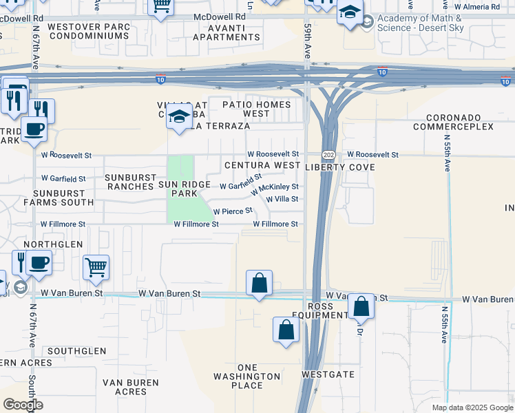 map of restaurants, bars, coffee shops, grocery stores, and more near 627 North 61st Drive in Phoenix