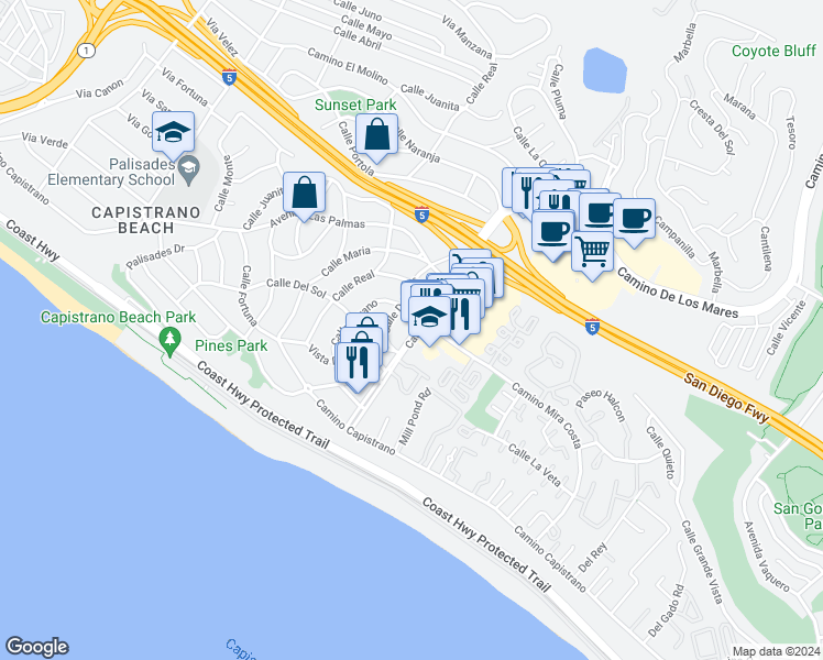 map of restaurants, bars, coffee shops, grocery stores, and more near 27017 Camino De Estrella in Dana Point