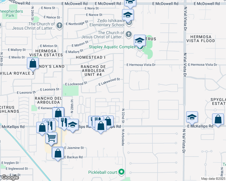 map of restaurants, bars, coffee shops, grocery stores, and more near 3052 East Leonora Street in Mesa