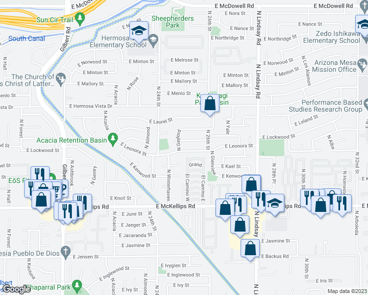 map of restaurants, bars, coffee shops, grocery stores, and more near 2506 East Leonora Street in Mesa