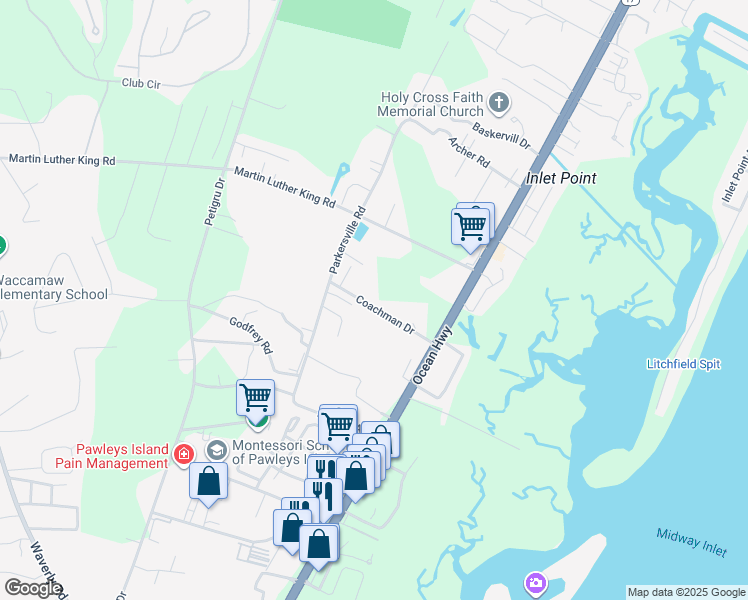 map of restaurants, bars, coffee shops, grocery stores, and more near 184 Parkersville Road in Pawleys Island