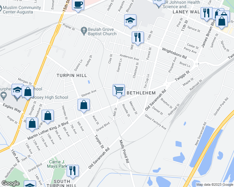 map of restaurants, bars, coffee shops, grocery stores, and more near 1727 Mill Street in Augusta