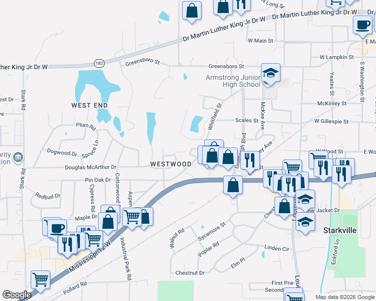 map of restaurants, bars, coffee shops, grocery stores, and more near 122 Cooper Lane in Starkville