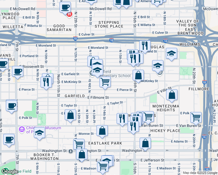 map of restaurants, bars, coffee shops, grocery stores, and more near 1412 East Pierce Street in Phoenix