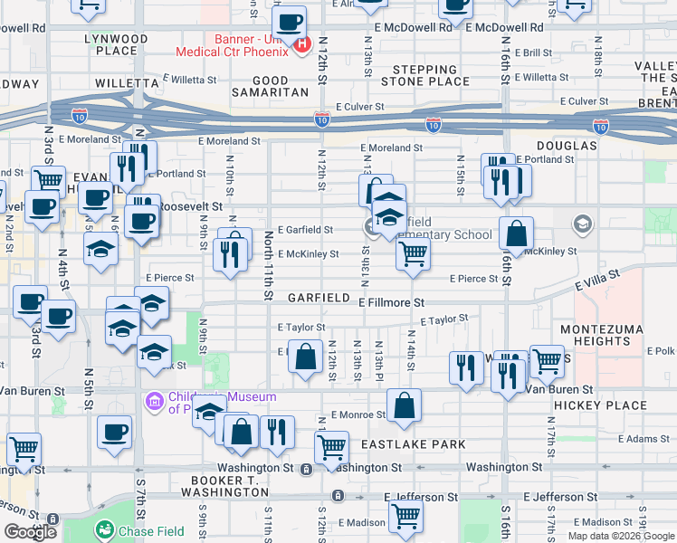 map of restaurants, bars, coffee shops, grocery stores, and more near 1210 East Pierce Street in Phoenix