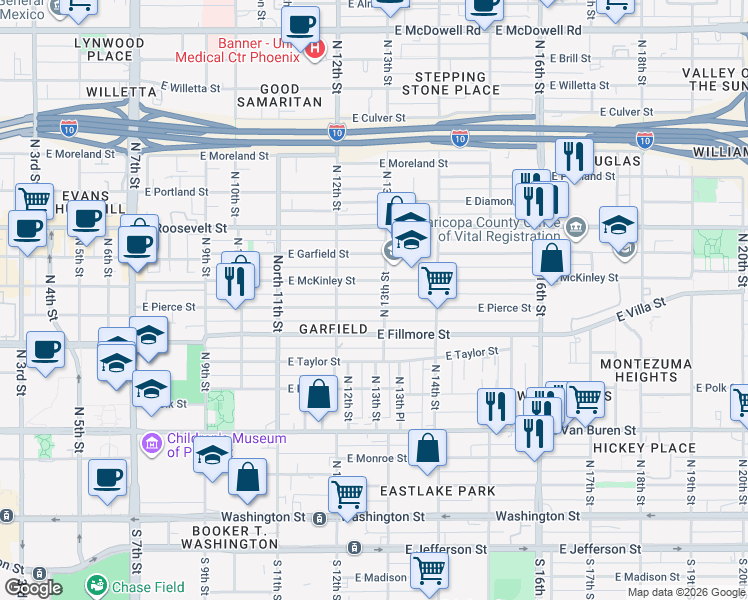 map of restaurants, bars, coffee shops, grocery stores, and more near 1246 East Pierce Street in Phoenix