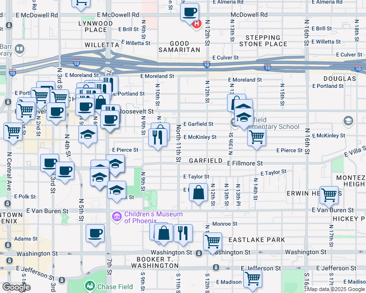 map of restaurants, bars, coffee shops, grocery stores, and more near 702 North 11th Street in Phoenix