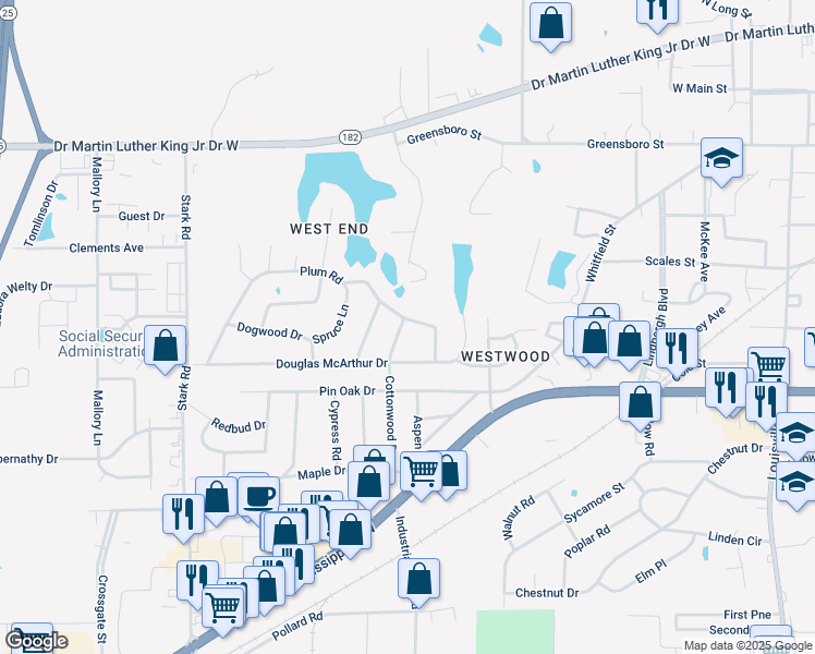 map of restaurants, bars, coffee shops, grocery stores, and more near 2107 Plum Road in Starkville