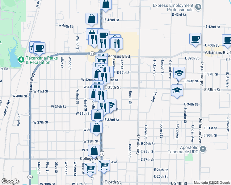 map of restaurants, bars, coffee shops, grocery stores, and more near 3406 Laurel Street in Texarkana