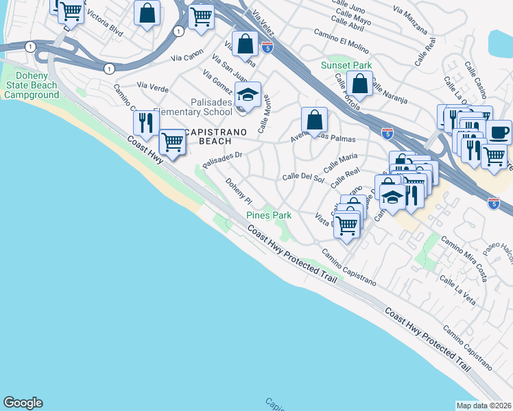 map of restaurants, bars, coffee shops, grocery stores, and more near 34882 Doheny Place in Dana Point