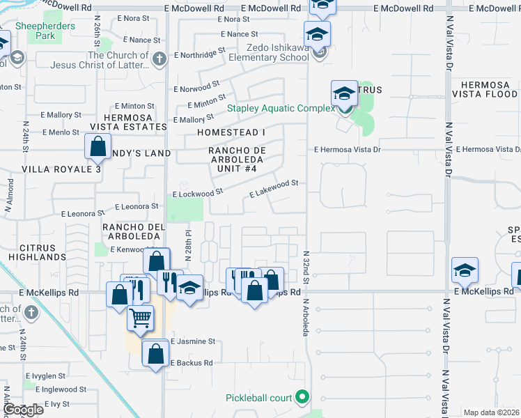 map of restaurants, bars, coffee shops, grocery stores, and more near 2964 East Leonora Circle in Mesa