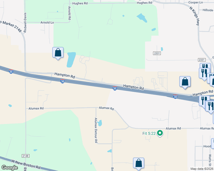 map of restaurants, bars, coffee shops, grocery stores, and more near Interstate 30 in Texarkana