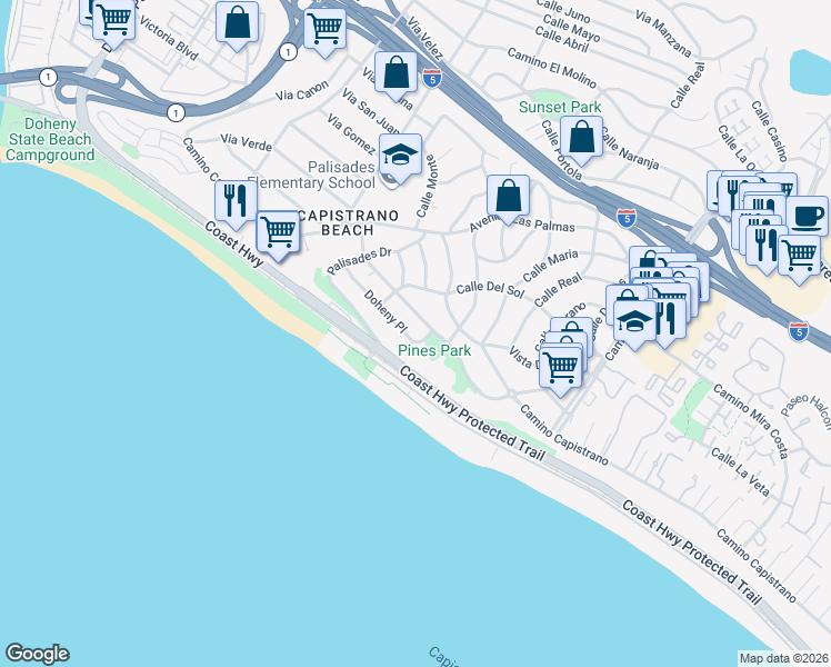map of restaurants, bars, coffee shops, grocery stores, and more near 34882 Doheny Place in Dana Point