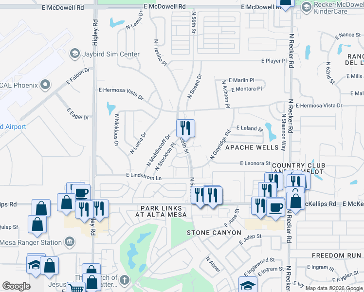 map of restaurants, bars, coffee shops, grocery stores, and more near 5518 East Lindstrom Lane in Mesa