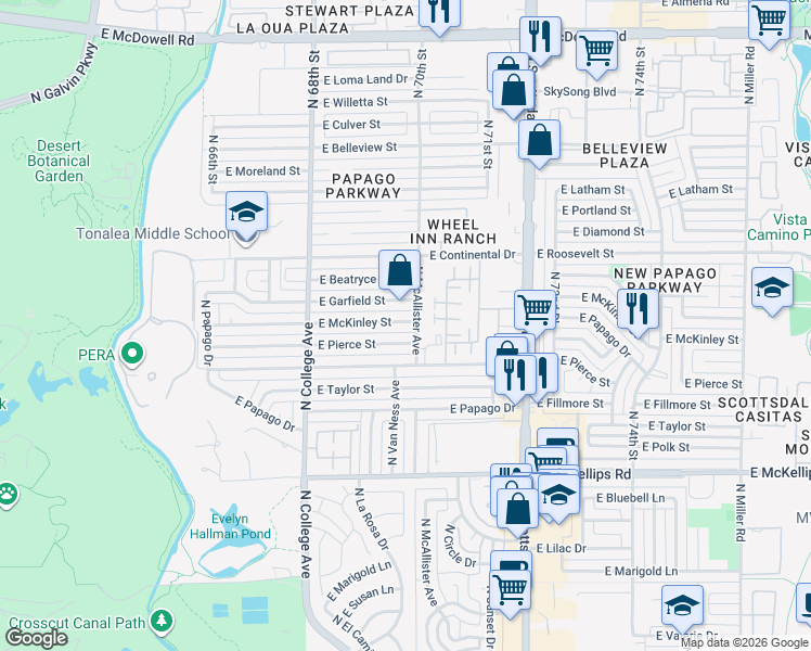 map of restaurants, bars, coffee shops, grocery stores, and more near 439 East McKinley Street in Tempe