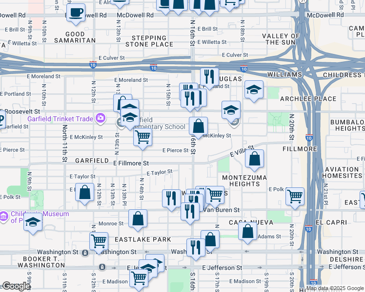 map of restaurants, bars, coffee shops, grocery stores, and more near 1534 East Pierce Street in Phoenix