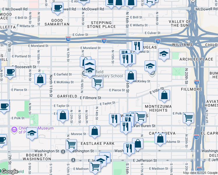 map of restaurants, bars, coffee shops, grocery stores, and more near 1450 East Pierce Street in Phoenix