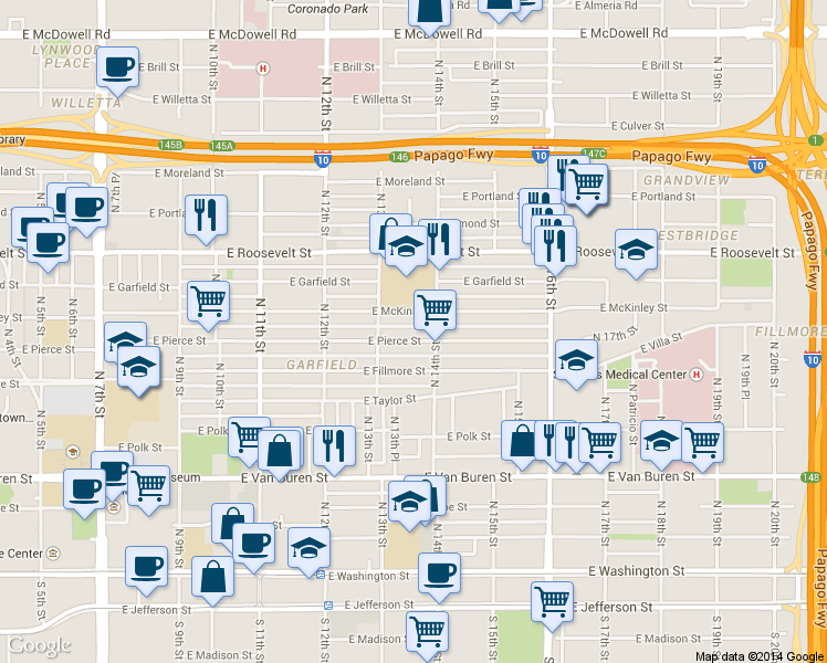 map of restaurants, bars, coffee shops, grocery stores, and more near 1330 East Pierce Street in Phoenix