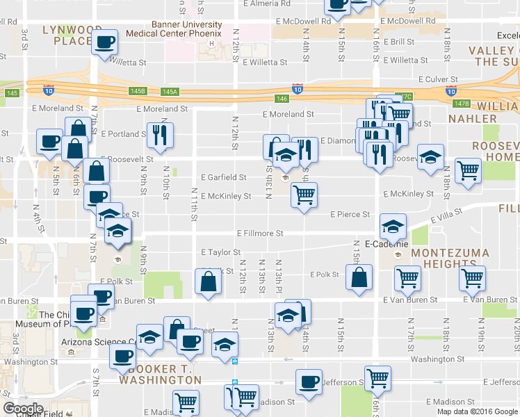 map of restaurants, bars, coffee shops, grocery stores, and more near 1246 East Pierce Street in Phoenix