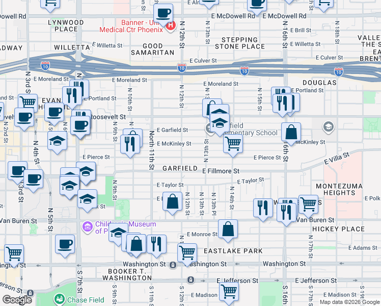 map of restaurants, bars, coffee shops, grocery stores, and more near 1210 East Pierce Street in Phoenix