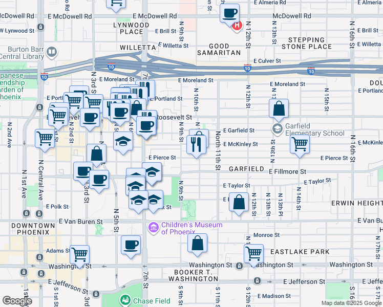 map of restaurants, bars, coffee shops, grocery stores, and more near 1004 North 10th Street in Phoenix