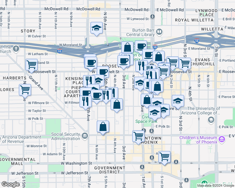 map of restaurants, bars, coffee shops, grocery stores, and more near 631 North 4th Avenue in Phoenix