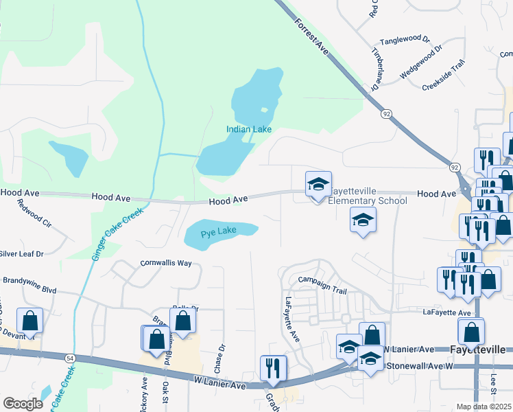map of restaurants, bars, coffee shops, grocery stores, and more near 590 Hood Avenue in Fayetteville