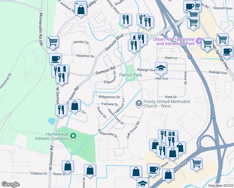 map of restaurants, bars, coffee shops, grocery stores, and more near 144 Ridgemoor Drive in Birmingham