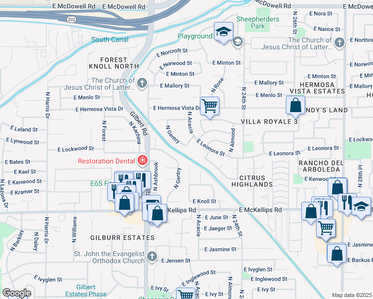 map of restaurants, bars, coffee shops, grocery stores, and more near 2210 North Gentry in Mesa