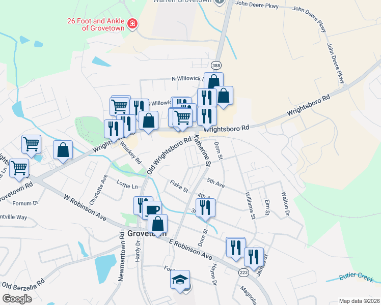 map of restaurants, bars, coffee shops, grocery stores, and more near 603 Katherine Street in Grovetown