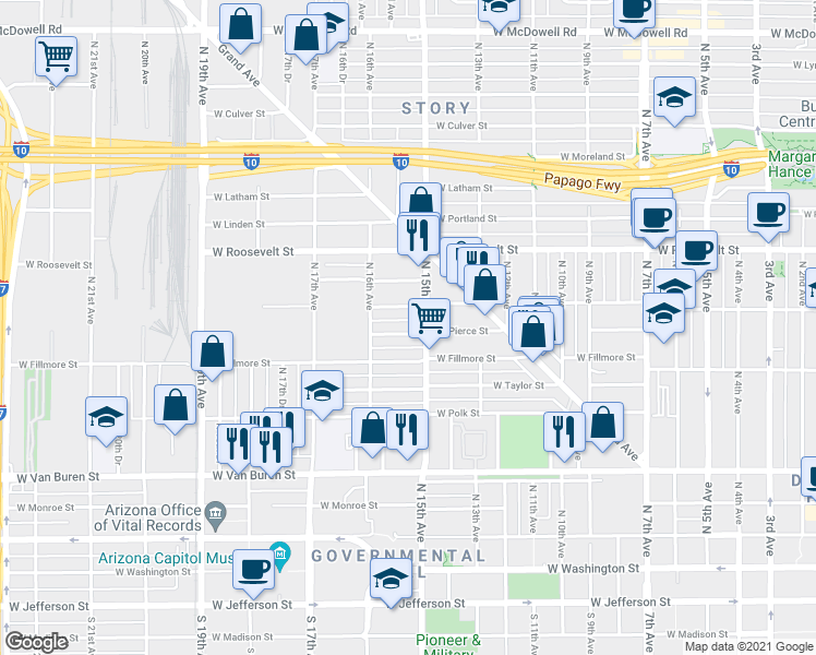 map of restaurants, bars, coffee shops, grocery stores, and more near 1514 West Pierce Street in Phoenix