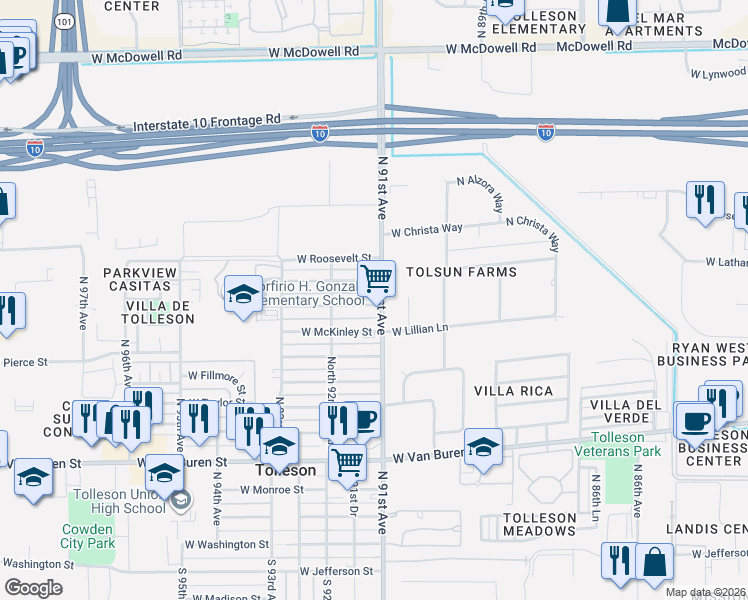 map of restaurants, bars, coffee shops, grocery stores, and more near 9104 West Garfield Street in Tolleson