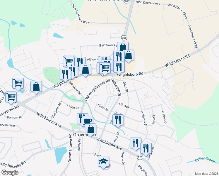 map of restaurants, bars, coffee shops, grocery stores, and more near 603 Katherine Street in Grovetown
