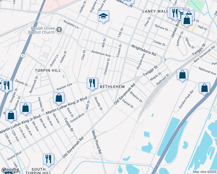 map of restaurants, bars, coffee shops, grocery stores, and more near 1735 Martin Luther King Junior Boulevard in Augusta