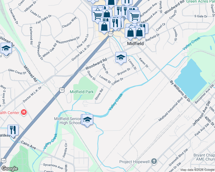 map of restaurants, bars, coffee shops, grocery stores, and more near 537 Grant Street in Birmingham