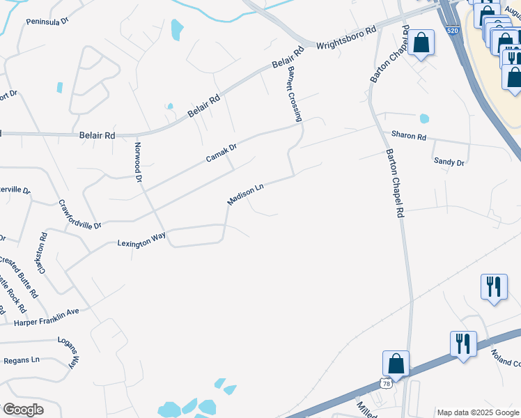 map of restaurants, bars, coffee shops, grocery stores, and more near 4107 Social Circle in Augusta