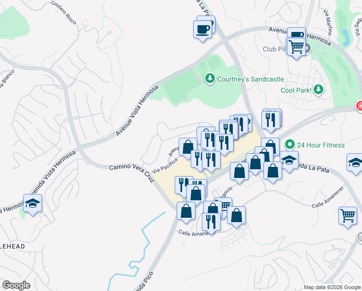 map of restaurants, bars, coffee shops, grocery stores, and more near 50 Avenida Merida in San Clemente