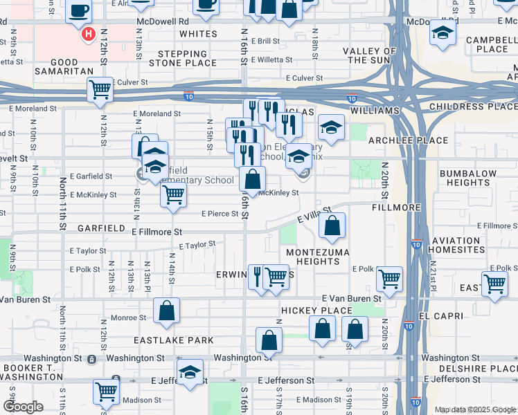 map of restaurants, bars, coffee shops, grocery stores, and more near 675 North 16th Street in Phoenix
