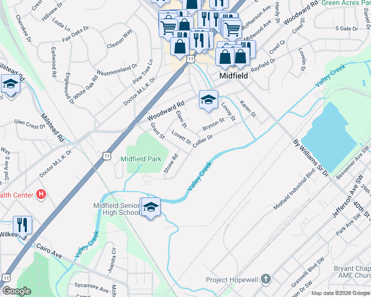 map of restaurants, bars, coffee shops, grocery stores, and more near 537 Grant Street in Birmingham